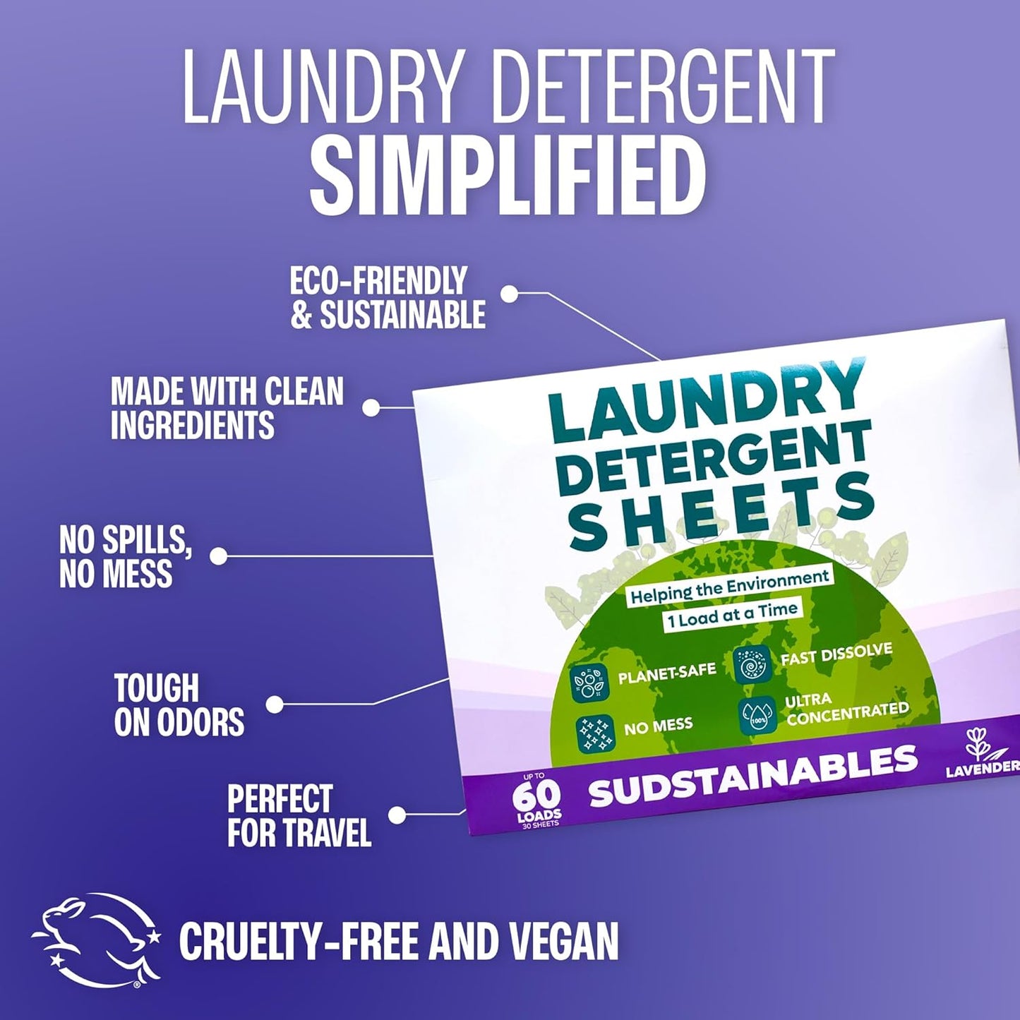 Sudstainables Laundry Detergent Sheets (60 Loads) – Eco-Friendly, Zero Waste, Plastic-Free Laundry Washing Machines Soap Sheets; Dissolvable, Space-Saving Strips for Travel (Lavender)