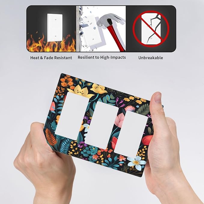 Boho Floral Vintage Flower Leaves Rustic Wildflower Plants 3 Gang Rocker Light Switch Covers Triple Outlet Wall Plate Decorative Switchplate Cover Faceplate GFCI for Country Bathroom Bedroom Kitchen