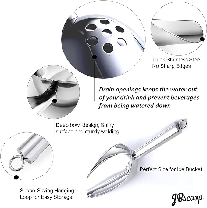 JBscoop Ice Scoop with Holes. Stainless Steel Ice Scoop with Drain Holes to Reduce Unwanted Dilution. Heavy Duty and Dishwasher Safe. Six Ounce Capacity.
