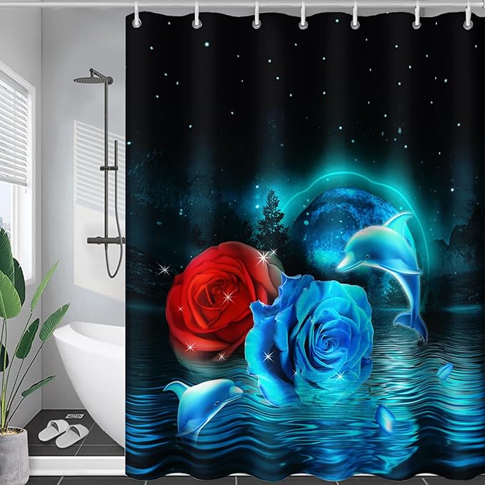 AILONEN Blue and Red Rose Shower Curtain,Cute Dolphin Shower Curtain for Bathroom Decor,48" W*72" H Polyester Waterproof Evening Starry Moon Flower Bath Curtain with 12 Hooks