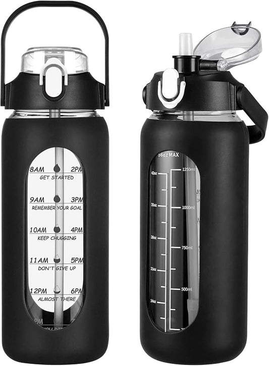 kytffu 56oz Glass Water Bottles with Straw, Motivational Glass Bottle with Silicone Sleeve and Time Marker, Leakproof Large Glass Water Jug for Gym Home Office, Black.