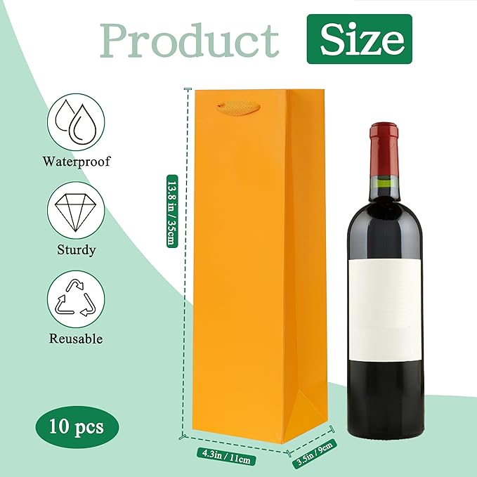 KEYYOOMY Wine Gift Bags - 10 Pack Orange Kraft Paper Wine Bottle Gift Bags with Handles for Wedding Birthday Housewarming Christmas Party Supplies(10CT, 13.8x4.3x3.5 IN, Orange)