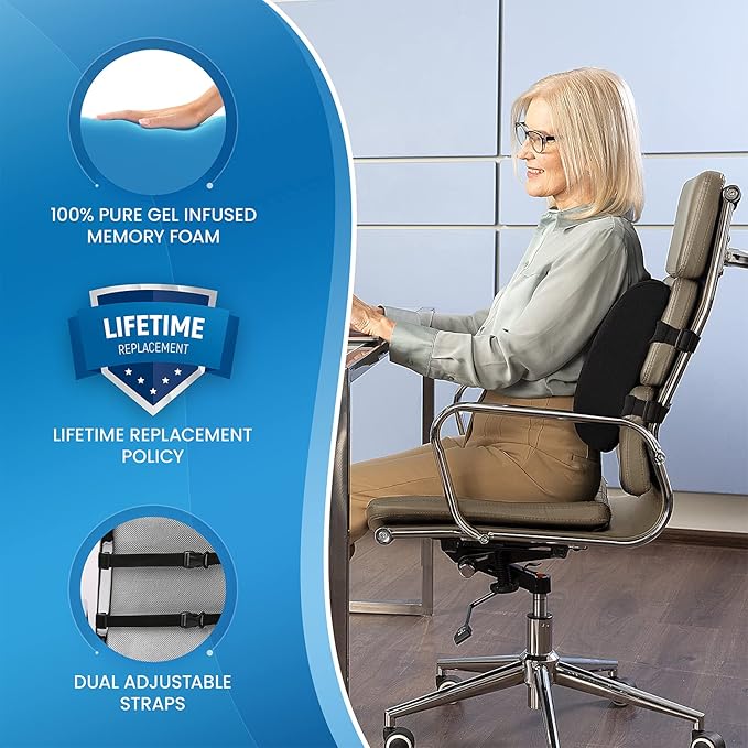 Everlasting Comfort Lumbar Support Pillow for Office Chair - Gel Infused Back Cushion for Chair, Car, Couch - Lumbar Pillow Promotes Better Posture, Back Pain Relief - Ideal for Gaming and Desk Chairs