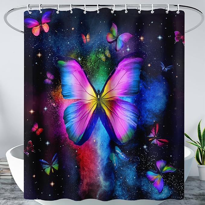 AILONEN Butterfly Shower Curtain Bathroom 72" W*78" H Sparkly Colourful Butterfly Curtain Cloth Fabric Bathroom for Girls Kids,Deep Color Shower Curtain Set