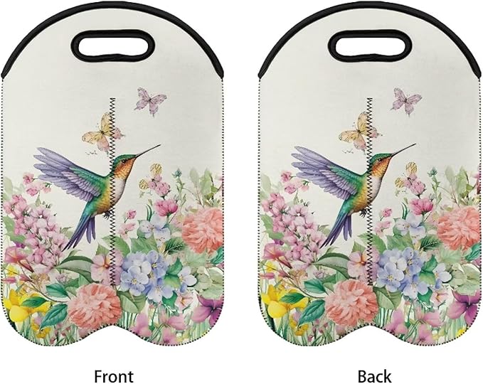 doginthehole Neoprene Wine Tote Hummingbird Wine Carrier Bag with Divider for Travel, Portable Wine Gift Bag Insulated Sleeve Champagne Carrier Bag