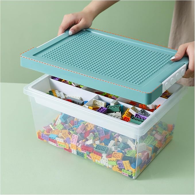 loobuu Plastic Storage Bins with Lids - 1 Set Stackable Arts Crafts Organizer Box with Removable Divided Tray &Compatible Building Baseplate,Toy Chest Containers for Bricks -Green(14.37"x9.64"x6.69")