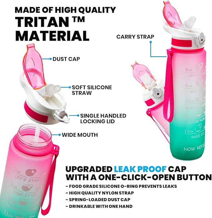 Prometheuz 32oz Water Bottle with Straw, Motivational Water Bottle with Time Marker, Water Bottles Leakproof & BPA-Free for Sports, Work and Fitness Pink Mint