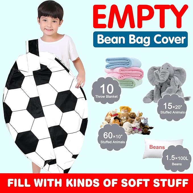 Lukeight Stuffed Animal Storage Bean Bag Chair Cover for Kids, Soccer Zipper Beanbag Chair Cover for Organizing Toddler and Kids' Rooms Plush Toys (Soccer Velvet, Large)