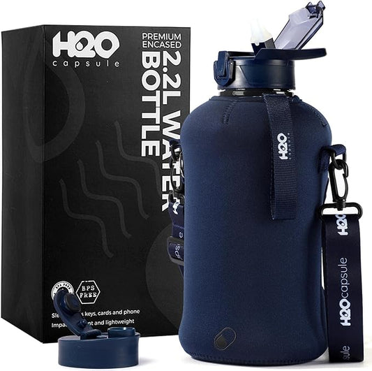 H2O Capsule 2.2L Half Gallon Water Bottle with Storage Sleeve and Covered Straw Lid – BPA Free Large Reusable Drink Container with Handle - Big Sports Jug, 2.2 Liter (74 Ounce)