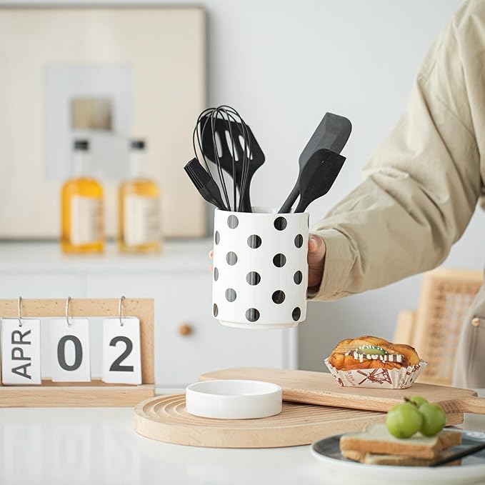 Small Utensil Holder for Kitchen Counter 4.1 x 6 Inches Ceramic Cooking Utensil Crocks Countertop Organizer Vintage Farmhouse Kitchen Decor Caddy,Dots