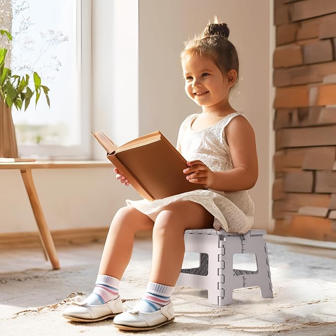 Folding Step Stool 9", Kids Step Stool, Heavy Duty Step Stools for Adults, Compact Foot Stools, Light-Weight Toddler Step Stool for Kitchen, Bathroom, Holds Up to 300 lbs (Grey)