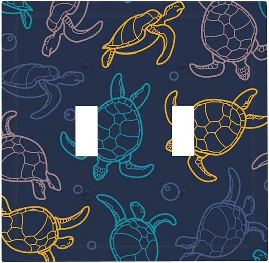 Cartoon Turtles Double Toggle Light Switch Covers 2 Gang Wall Plate Dual Decorative Switchplate Electrical Faceplate for Bathroom Country Kitchen Bedroom Decor, 4.9" x 5"