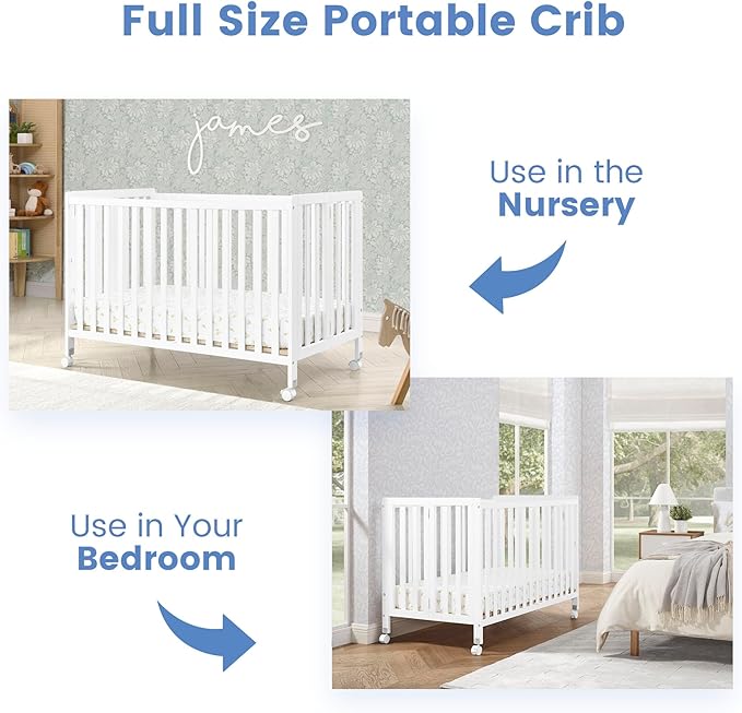 Delta Children Simmons Kids Aria Full Size Portable Folding Crib - Greenguard Gold Certified, Bianca White