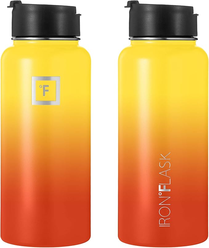 Iron Flask Sports Water Bottle - 32oz, 3 Lids (Straw Lid), Stainless Steel Vacuum Insulated, Hot Cold, Modern Double Walled, Simple Thermo Mug (Fire)
