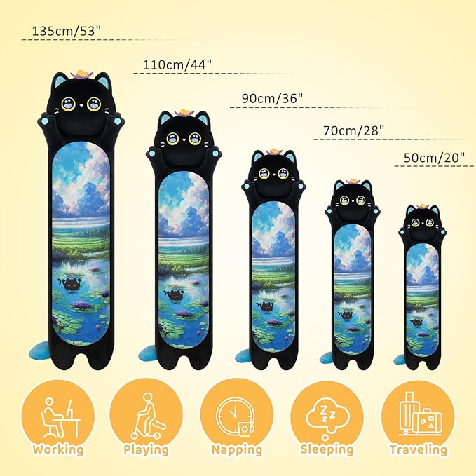 Long Cat Plush Kawaii Kids Plush Toy Pillows, Cute Black Cat Stuffed Animals Soft Plushies, Kitten Big Plush Toys Throw Body Pillow Doll Gift for Girls Boy (Butterfly Black Cat 20 Inches)