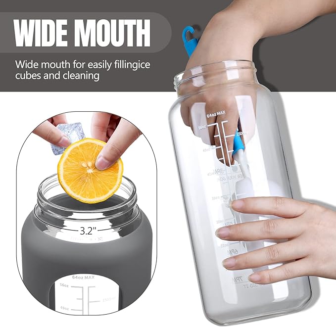 MUKOKO 64oz Glass Water Bottles with Straw, Half Gallon Water Bottle with Time Marker, Motivational Water Bottle with Silicone Sleeves,Large Glass Water Bottle for Gym,Working,Outdoor,Grey