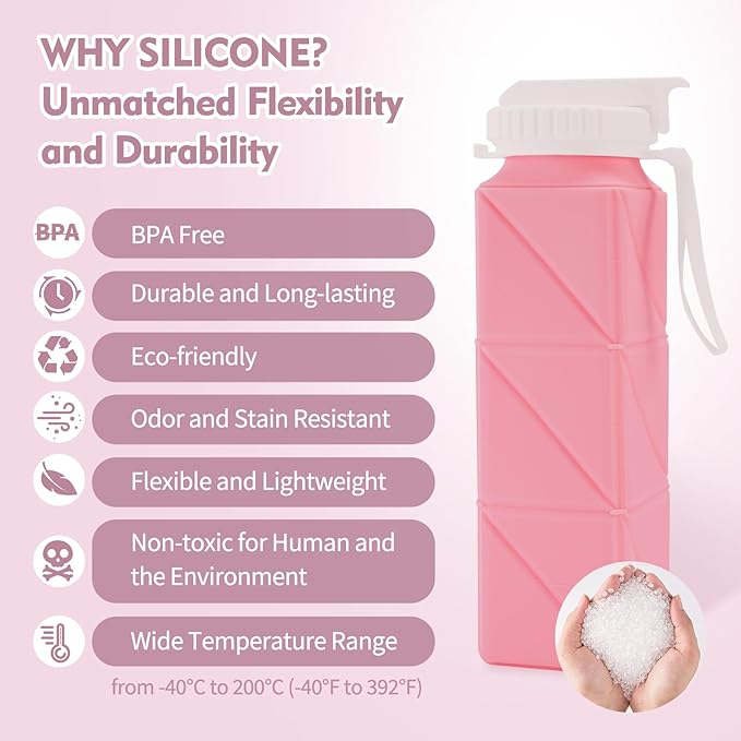 Collapsible Water Bottles 610ml | BPA Free Leakproof Lightweight Foldable Silicon Water Bottles | Twistable Water Cup | for Travel Gym Hiking Outdoor Camping Running Cycling Sports (Pink)