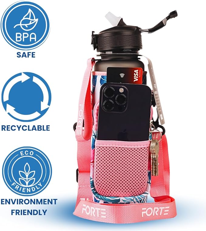 FORTE Plastic Water Bottle with Sleeve - BPA-Free Water Jug with Leak Proof Lid and Straw - Perfect for Gym, Office, and Everyday Use (Floral)