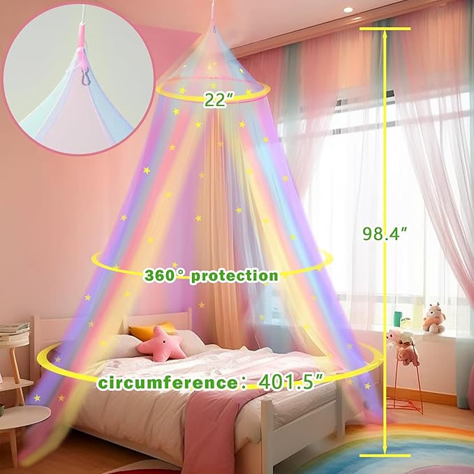 Daksha Rainbow Princess Bed Canopy for Girls with Glowing Stars, Room Decor, Bed Curtains, Ceiling Tent, Fits Twin, Full and Queen Size Beds