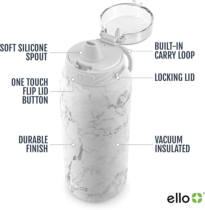 Ello Cooper 32oz Stainless Steel Water Bottle with Straw and Carry Handle, Double Walled and Vacuum Insulated Metal, Leak Proof Locking Lid with Soft Silicone Spout, Reusable, BPA Free, White Marble