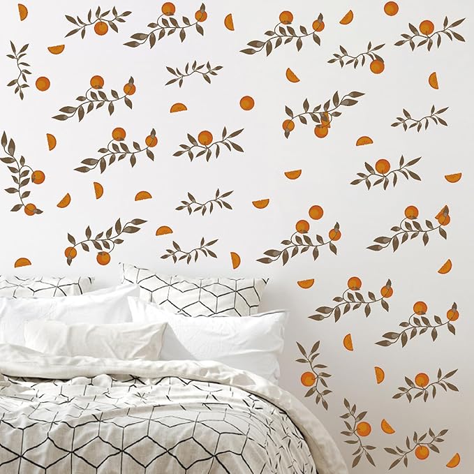 Orange Leaf Wall Stickers Boho Fruit Leaf Wall Stickers Removable Botanical Vintage Fruit Wall Decals Citrus Green Leaves Orange Wall Stickers for Nursery Kids Room Bedroom Kitchen Decor