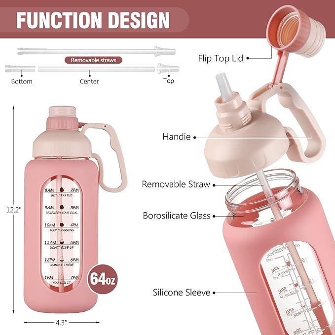 MUKOKO 64oz Glass Water Bottles with Straw, Half Gallon Water Bottle with Time Marker, Motivational Water Bottle with Silicone Sleeves,Large Glass Water Bottle for Gym,Working,Outdoor,Pink