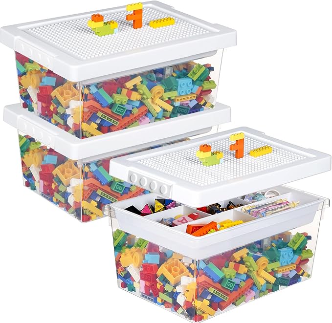 loobuu Plastic Storage Bins with Lids - 3 Set Stackable Arts Crafts Organizer Box with Removable Divided Tray &Compatible Building Baseplate,Toy Chest Containers for Bricks -White