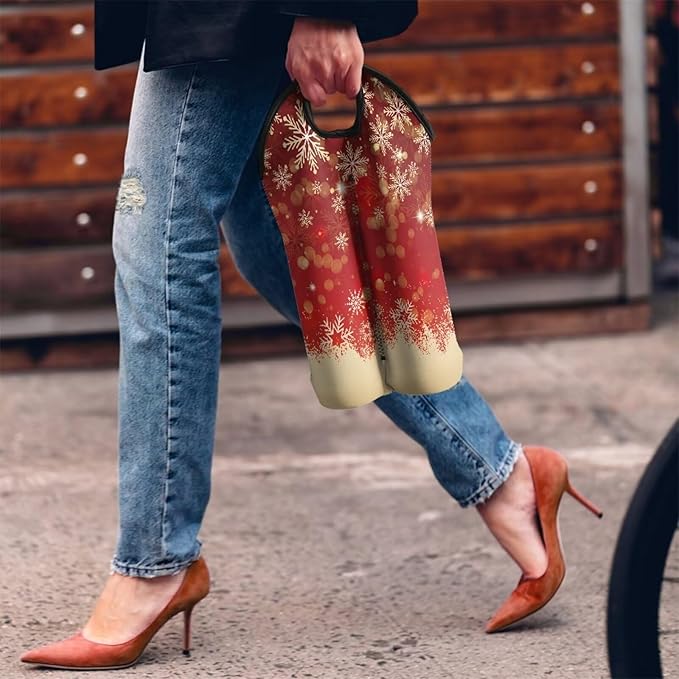 doginthehole Christmas Decorations Wine Carrier Tote Bag 2 Bottle Portable Neoprene Wine Tote Holders, Xmas Red Golden Snowflake Wine Carrying Case Bag for Wine/Beer/Champagne/Water/Drinks