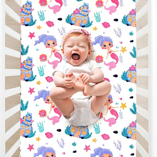 JISEN Baby Crib Sheets Soft Breathable Fitted Crib Sheets Baby Sheet for Standard Crib and Toddler Mattress Baby Bed Sheets for Crib for Baby Boys Girls Neutral 52x28 Inch White Mermaids