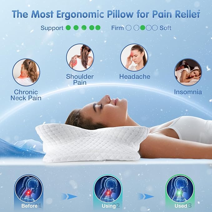 Cervical Neck Pillow for Pain Relief Sleeping, Cooling Contour Memory Foam Support Pillows for Neck and Shoulder Pain, Ergonomic Orthopedic Pillow for Side Back & Stomach Sleepers, White-23
