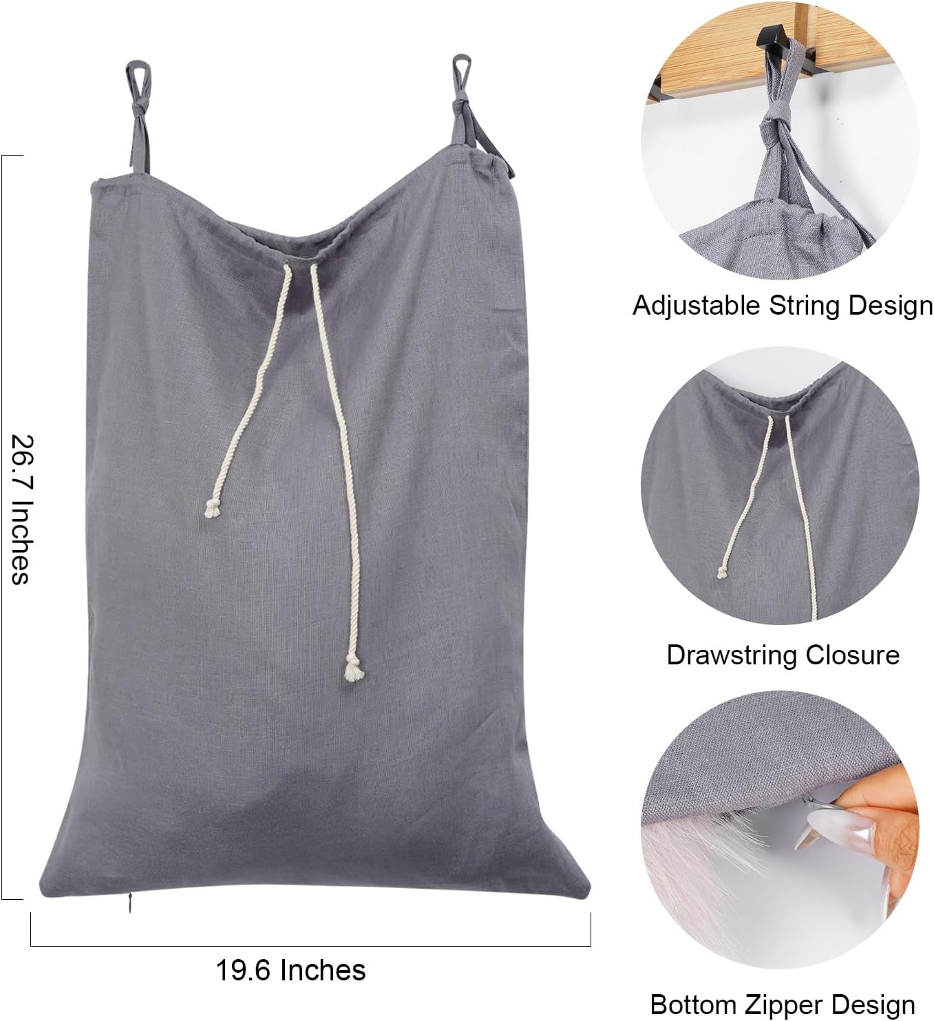 Linen Hanging Laundry Bag, Over The Door Laundry Hamper for Dirty Clothes, Drawstring Closure with Bottom Zipper, Gray