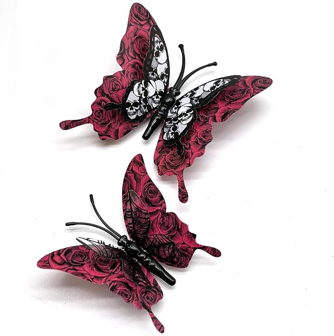 Halloween Wall Stickers 12Pcs Butterfly Wall Decor Red Roses Skull Design Halloween Wall Decorations 3D Butterflys Wall Decals Reusable Wall Stickers Decor for Halloween Home Door DIY Accessories