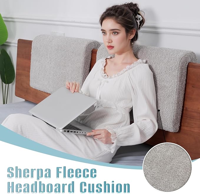 2PCS Dorm Bed Hanging Headboard Pillow with Removable Berber Fleece Cover, Upholstery Reading Cushions for Bedroom (Grey)