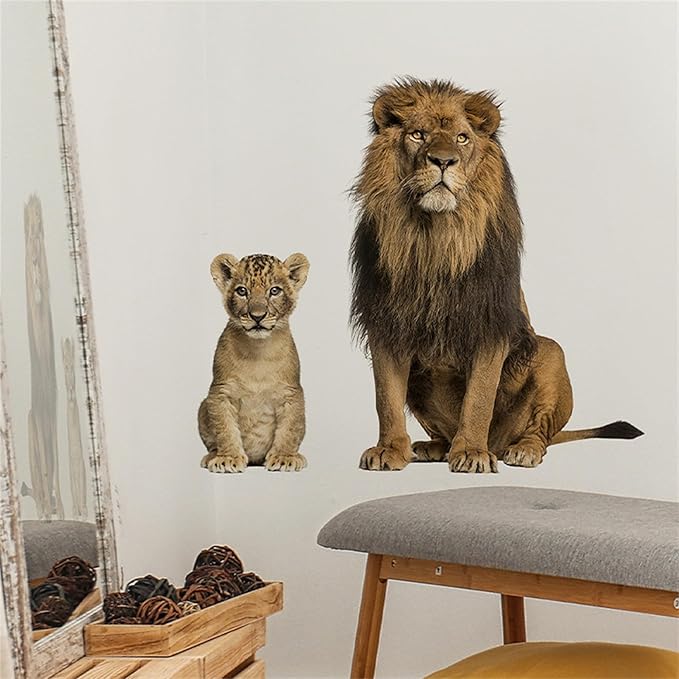 Lion Wall Decals, Vinyl Removable 3D Stickers for Bedroom Nursery Decor - Peel and Stick Cute Baby Girl Boy Toddler Kids Room Art Decoration, Woodland Forest Safari Jungle Mural Waterproof