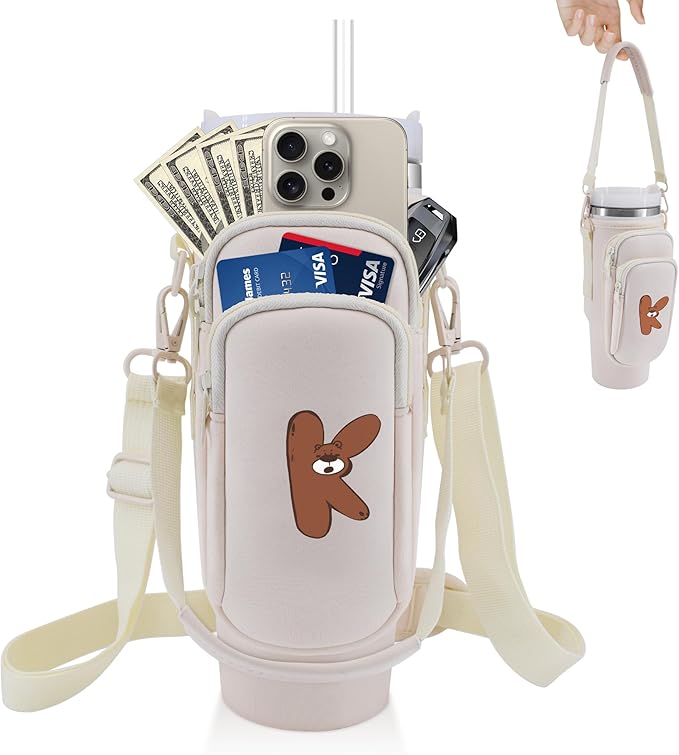 Water Bottle Carrier Bag with Phone Pocket for Stanley 40 oz Tumbler Neoprene Water Bottle Holder Pouch with Adjustable Strap Bollus with Straw Cover & Carabiner for Stanley Cup Accessories