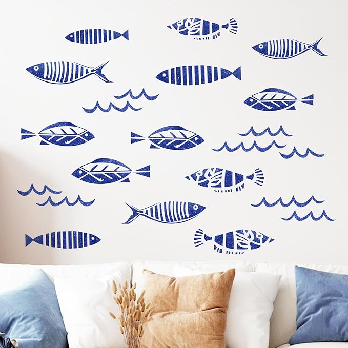 Mfault Under The Sea Blue Fish Wall Decals Stickers, Coastal Ocean Minimalist Nursery Decorations Kids Bedroom Art, Beach Nautical Neutral Toddlers Room Living Room Decor