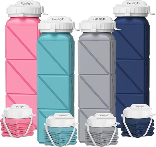 Collapsible Water Bottles,BPA-Free Leak-Proof Silicone Foldable Water Bottle Cup 20.6oz,Durable Lightweight Bottle for Gym Travel Camping Hiking Running (Type2 Pink+Nave Blue+Green+Grey)