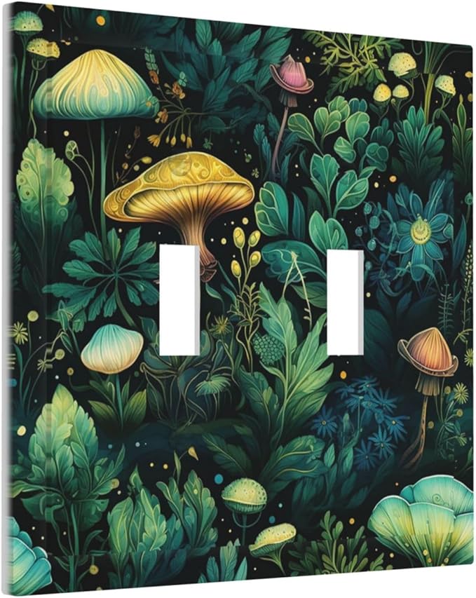 Green Dark Forest Mystical Mushroom Double Toggle Light Switch Covers 2 Gang Wall Plate Dual Decorative Switchplate Electrical Faceplate for Country Bathroom Bedroom Kitchen Decor