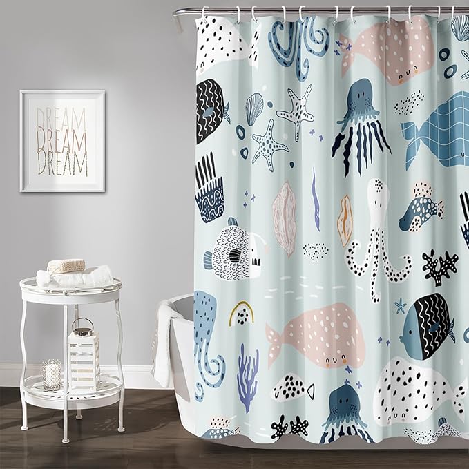 AILONEN Cartoon Ocean Life Shower Curtain for Kids 72" W*78" H Inch,Kawaii Fish Whales Octopuses Pattern Shower Curtain,Ocean Life Theme 12 Pack Hooks Polyester Waterproof Fabric Decor for Bathroom