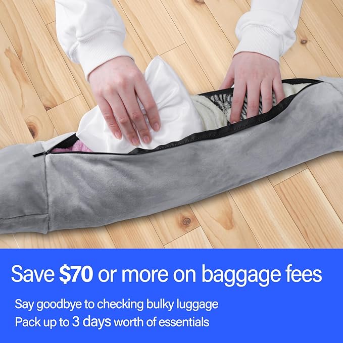 Travel Pillow You Stuff with Clothes, Stuffable Travel Pillow Transforms Into Extra Luggage Without Excess Fees, Stuffable Neck Pillow Fits 3+ Days of Travel Essentials Gray