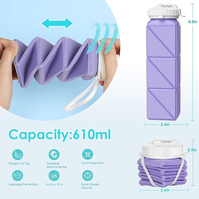 Collapsible Water Bottles 20.7oz Leakproof with Straw Lid Food-Grade BPA-Free Silicone Travel Foldable Water Bottles for Sports Office Gym Hiking Driving 610ML (Type2 Light Purple)