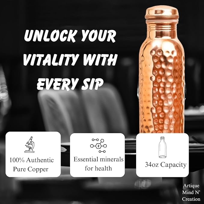 Copper Water Bottle - 34OZ - Versatile and Travel-Friendly Pure Copper Water Bottle – Ayurvedic Copper Drinking Bottle for Women and Men – Wide Mouth Design – | Lab-Tested, Heavy Duty & Leak-Proof |