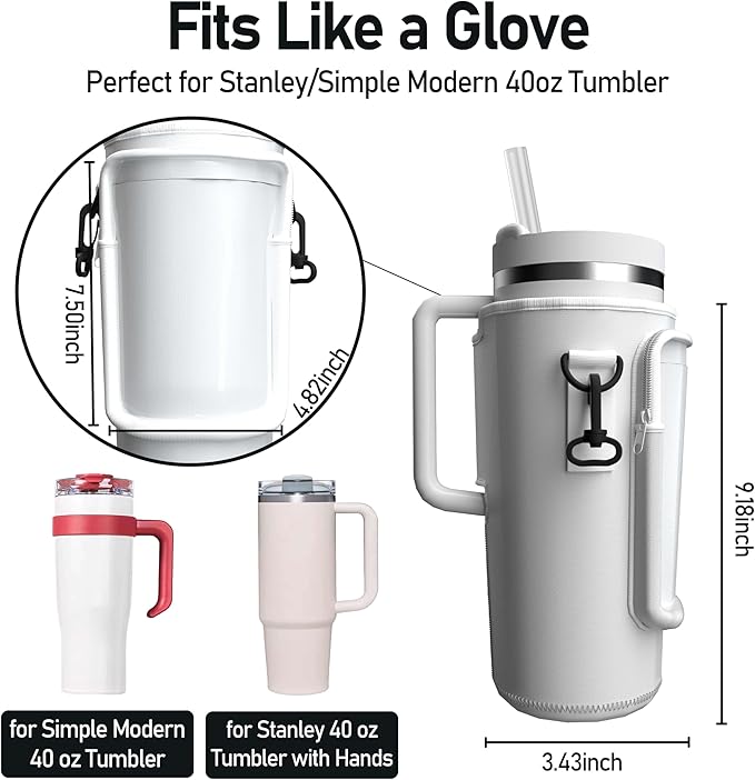 Water Bottle Carrier Bag with Phone Pocket for 40oz Tumbler with Handle, Adjustable Strap Neoprene Water Bottle Sleeve Pouch for Hiking Camping Travelling. (White)