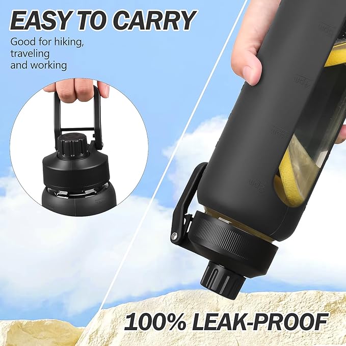 Glass Water Bottles with Straw -24oz- Water Bottle Phone Holder for Gym Sports Water Bottles with Silicone Sleeve Glass Drinking Bottles 2 Lids - Spout & Bamboo Straw Lid(Black)