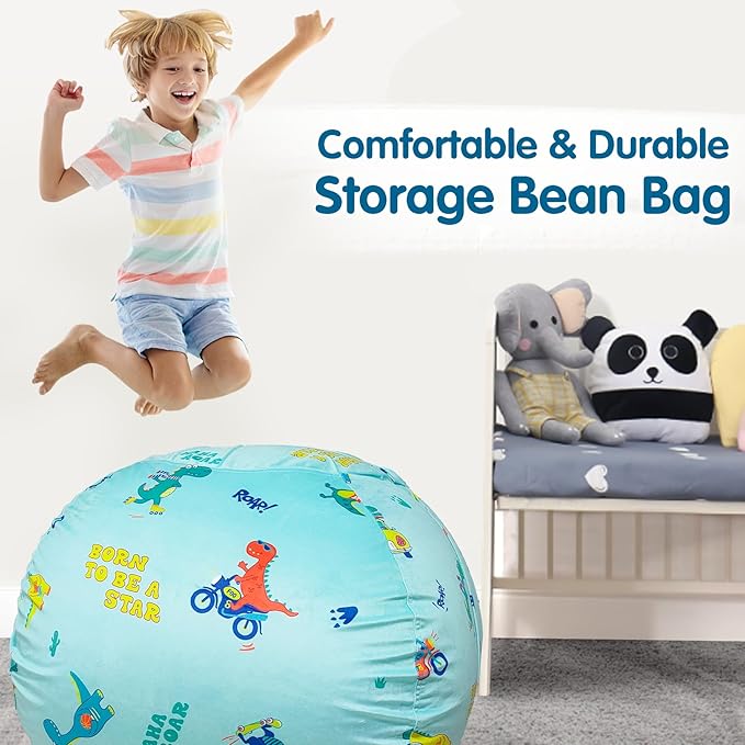 Lukeight Stuffed Animal Storage Bean Bag Chair Cover for Kids, Dinosaur Zipper Beanbag Chair Cover for Organizing Toddler and Kids' Rooms Plush Toys (Dino Blue, Large)