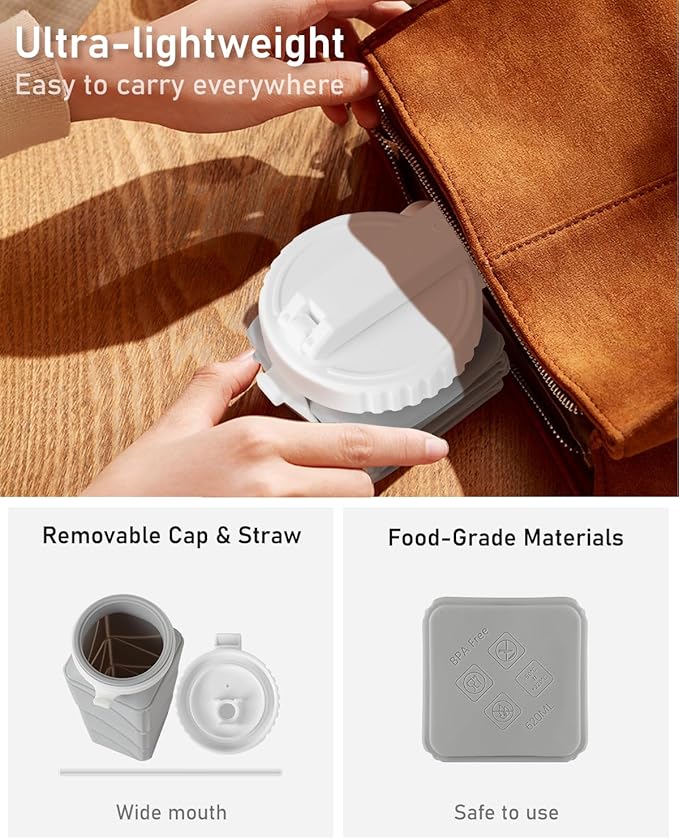 Opard Collapsible Water Bottles 21 Oz - BPA Free, Leak Proof, Foldable Silicone Collapse Water Bottle with Straw, Easy to Compact and Expandable, Travel Essentials Accessories (Grey)