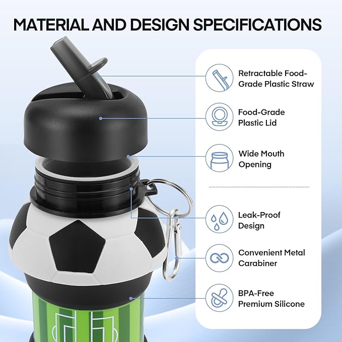 Kids Sports Collapsible Water Bottle | Ball Shaped Drinking Cup | Foldable BPA Free Leakproof Lightweight Silicon Jug | School Lunch Mug Team Gift Travel (Soccer 550ml/18.6oz)