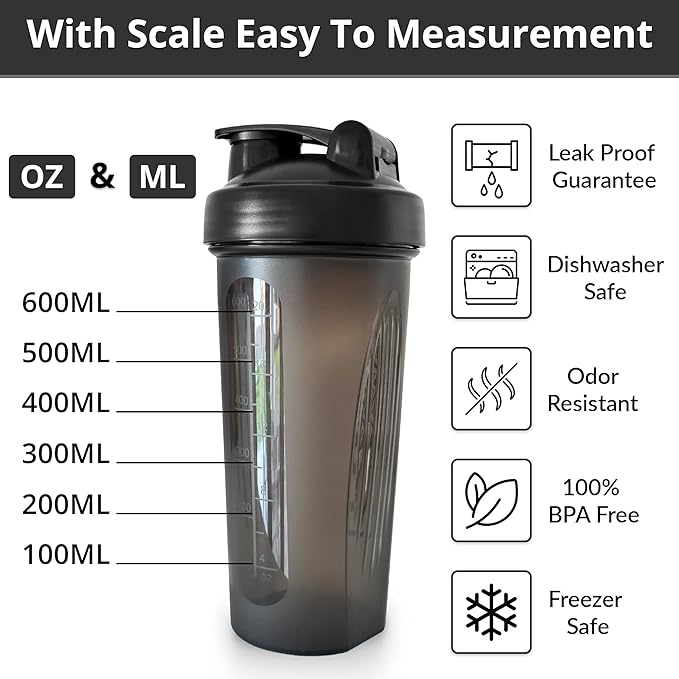 Protein Shaker Bottle, Protein Shake Cup for Pre and Post Workout, Gym Mixer Bottle for Men & Women with Stainless Steel Whisk Ball, 20.28-Ounce, Black