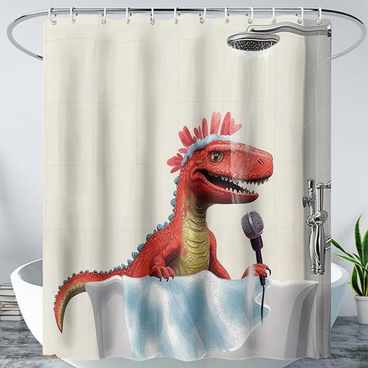 AILONEN Cartoon Dinosaur Shower Curtain for Kids Boys,Funny Singing Dinosaur Waterproof Fabric Shower Curtain for Bathroom,Lovely Red Dinosaur Shower Curtain Set with Hooks,72" W*78" H