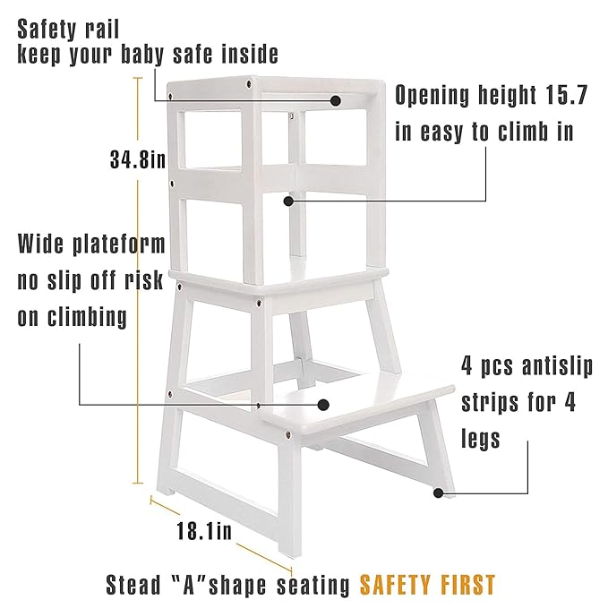 SDADI Kids Kitchen Step Stool Holds up to 150 Pounds with Safety Rail, Wide Platform Design, 4 Anti Slip Strips for 18 to 36 Months Old, White